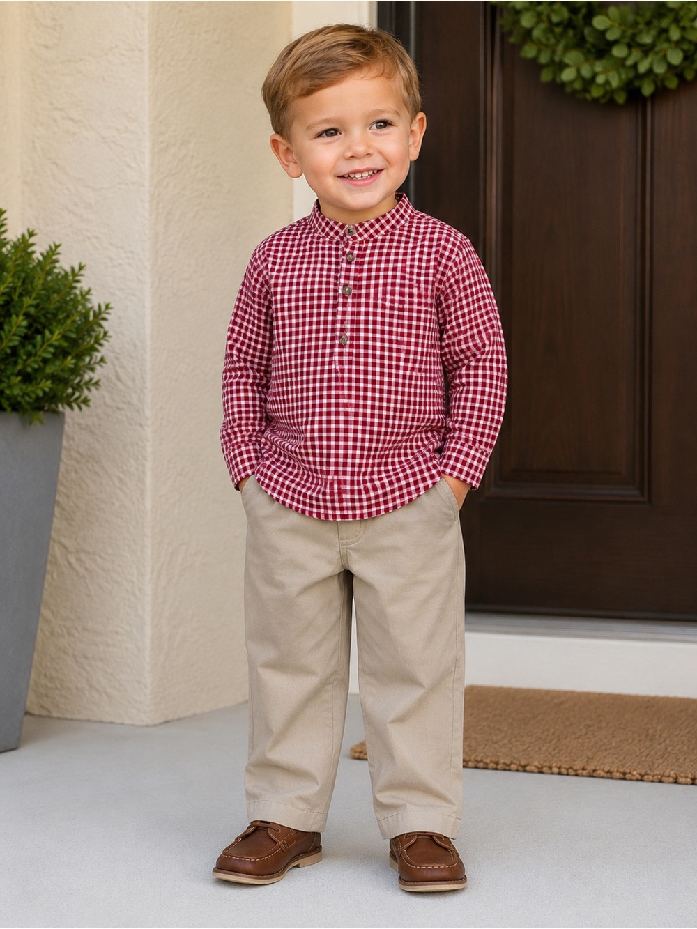 Edgehill Collection Boys Check Long Sleeve Shirt and Pants Set 2T